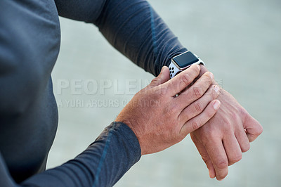 Buy stock photo Hands, smart watch and runner with fitness, outdoor and check progress for speed, screen and stats. Person, iot and timer app for workout, info and challenge with training in mockup space in Spain