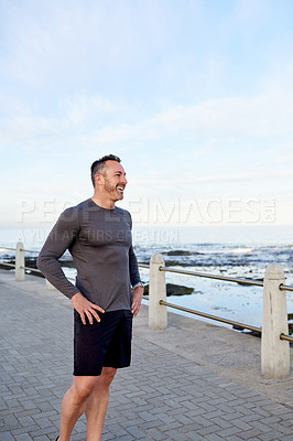 Buy stock photo Mature, man and exercise break outdoor with fitness fatigue, exhausted and tired of running challenge. Space, runner and resting at promenade with marathon burnout, blue sky and recovery from cardio