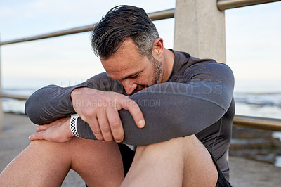 Buy stock photo Fitness, man and tired with resting on floor for workout fatigue, exhausted and breathing for recovery. Athlete, runner and relax at promenade with exercise burnout, challenge and break from cardio