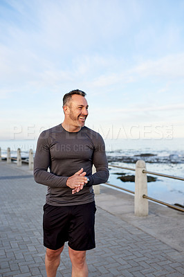Buy stock photo Fitness, promenade and mature man in morning for exercise, marathon training and cardio workout. Sports, ocean and person for wellness, health and recovery for performance, endurance and running