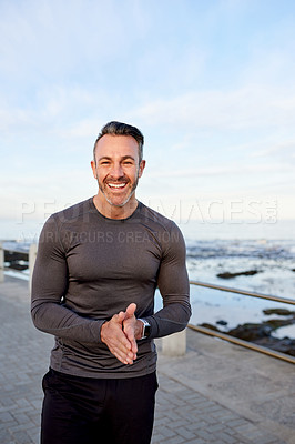 Buy stock photo Man, runner and smile on promenade, beach and excited in summer for fitness, health and morning in portrait. Mature person, exercise and happy by ocean, wellness and ready for workout in New Zealand