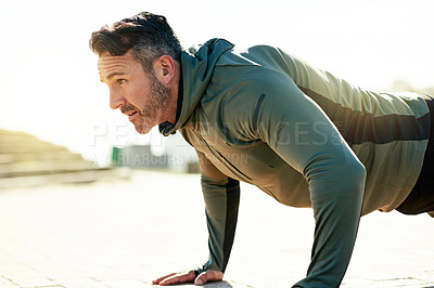 Buy stock photo Fitness, push up and man in city in morning for bodybuilding training, exercise and workout. Sports, outdoors and person with strength, wellness and health for performance, muscles and challenge