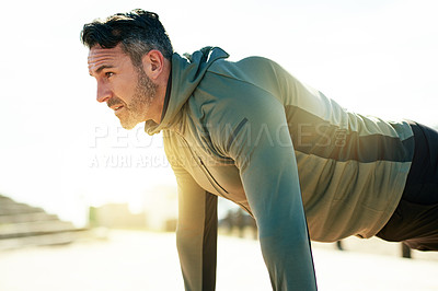 Buy stock photo Fitness, push up and man in city with sunshine for bodybuilding training, exercise and workout. Sports, morning and person with strength, wellness and health for performance, muscles and challenge