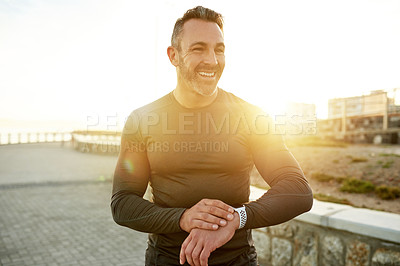 Buy stock photo Outdoor, smart watch and man with progress, runner and challenge with tracker, sunshine and time. Person, body health and athlete with digital app, exercise and wellness with monitor and fitness