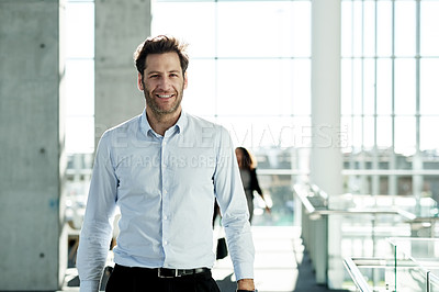 Buy stock photo Businessman, walking and start of work in office, travel and financial advisor for morning arrival. Male person, company convention and journey to seminar, professional commute and leaving workplace