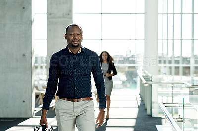 Buy stock photo Black man, walking and start of work in office, travel and financial advisor with bag for arrival. Male person, company convention and suitcase journey to seminar, commute and leaving workplace