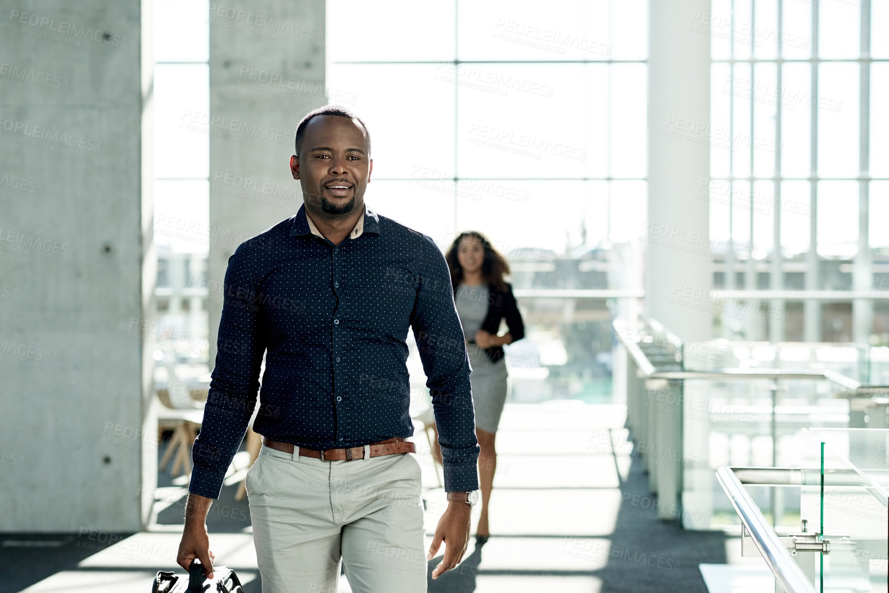 Buy stock photo Black man, walking and start of work in office, travel and financial advisor with bag for arrival. Male person, company convention and suitcase journey to seminar, commute and leaving workplace