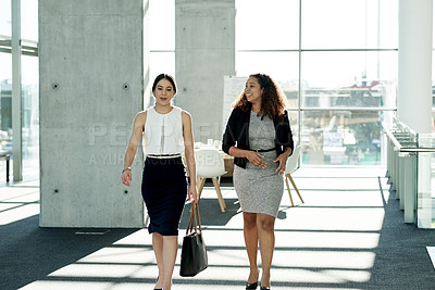 Buy stock photo Business, people and happy with walking in office for work departure, friendly chat or company gossip. Professional, finance firm or employees with meeting arrival, networking or financial discussion