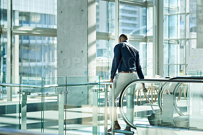 Buy stock photo Man, suitcase and walking in airport for travel, flight schedule and relocation for immigration. Male passenger, business opportunity and luggage bag at terminal with departure for international trip