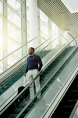 Buy stock photo Escalator, thinking and business man in airport for travel, commute and arrival in lobby for international trip. Professional, journey and person on electric stairs for convention and conference