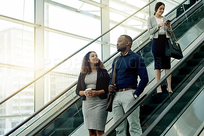 Buy stock photo People, escalator and talking in office building for business, new day or coworkers. Employees, corporate team or stairs in company with meeting schedule, discussion or planning productivity
