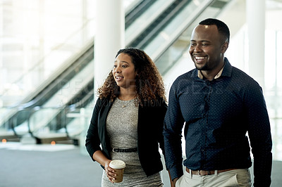 Buy stock photo Business, talking and employees with walking in office for work arrival, friendly chat and company gossip. Professional, people and happy together with meeting break, networking and career discussion