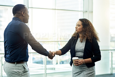 Buy stock photo Handshake, partnership and welcome with business people in airport lobby for greeting or meeting. B2B, coffee or travel with employee man and woman shaking hands for international agreement or deal