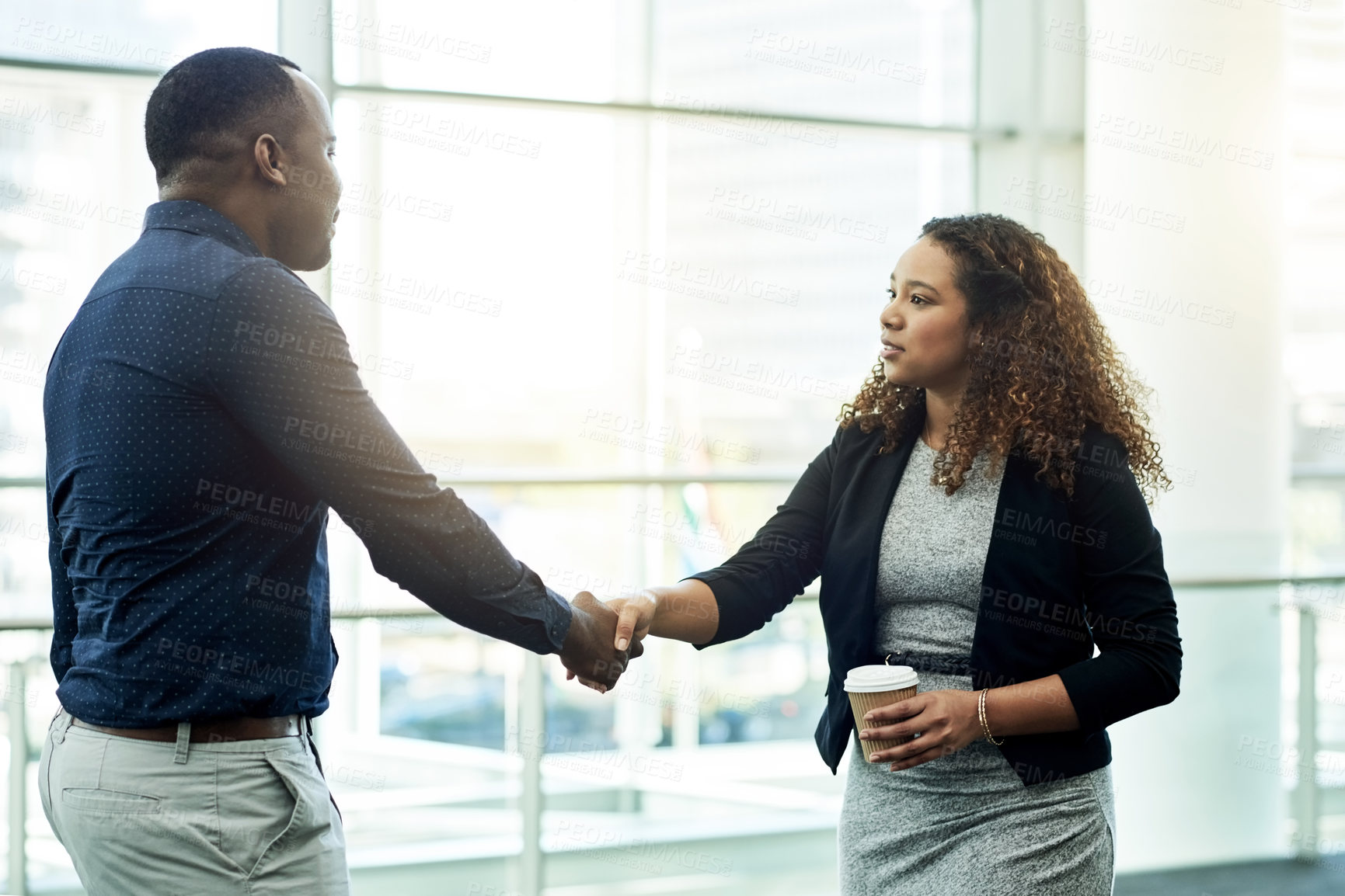 Buy stock photo Handshake, partnership and welcome with business people in airport lobby for greeting or meeting. B2B, coffee or travel with employee man and woman shaking hands for international agreement or deal