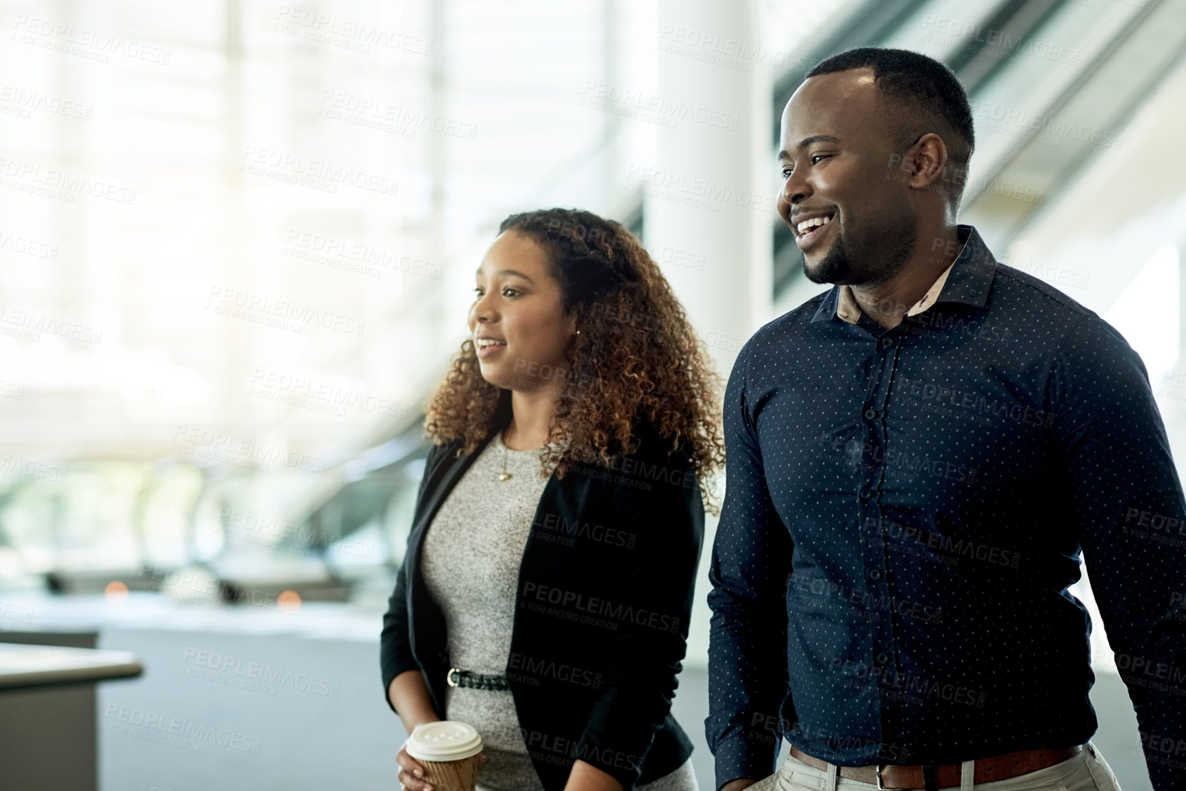 Buy stock photo Business, people and walking to meeting in office with conversation, friendly chat and company gossip. Professional, employees and happy together with work break, networking and career discussion