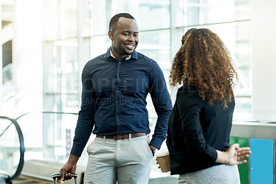 Buy stock photo Office, lobby and African business people in discussion with suitcase for conference, seminar and convention. Modern building, professional and man and woman in conversation, meeting and networking
