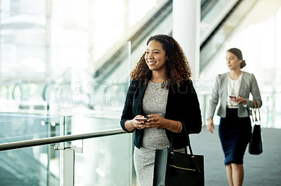 Buy stock photo Professional, woman and walking with phone in office for work arrival, direction search or morning commute. Business, person and travel with smartphone for online schedule and appointment information