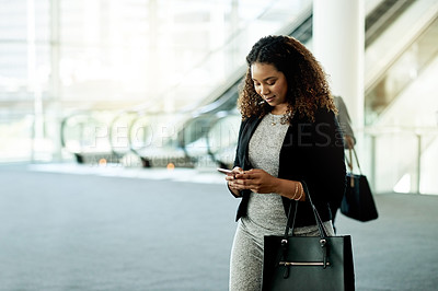 Buy stock photo Business, woman and typing with phone in office for meeting location, direction search or work arrival. Space, professional and walking with smartphone for online schedule and appointment information