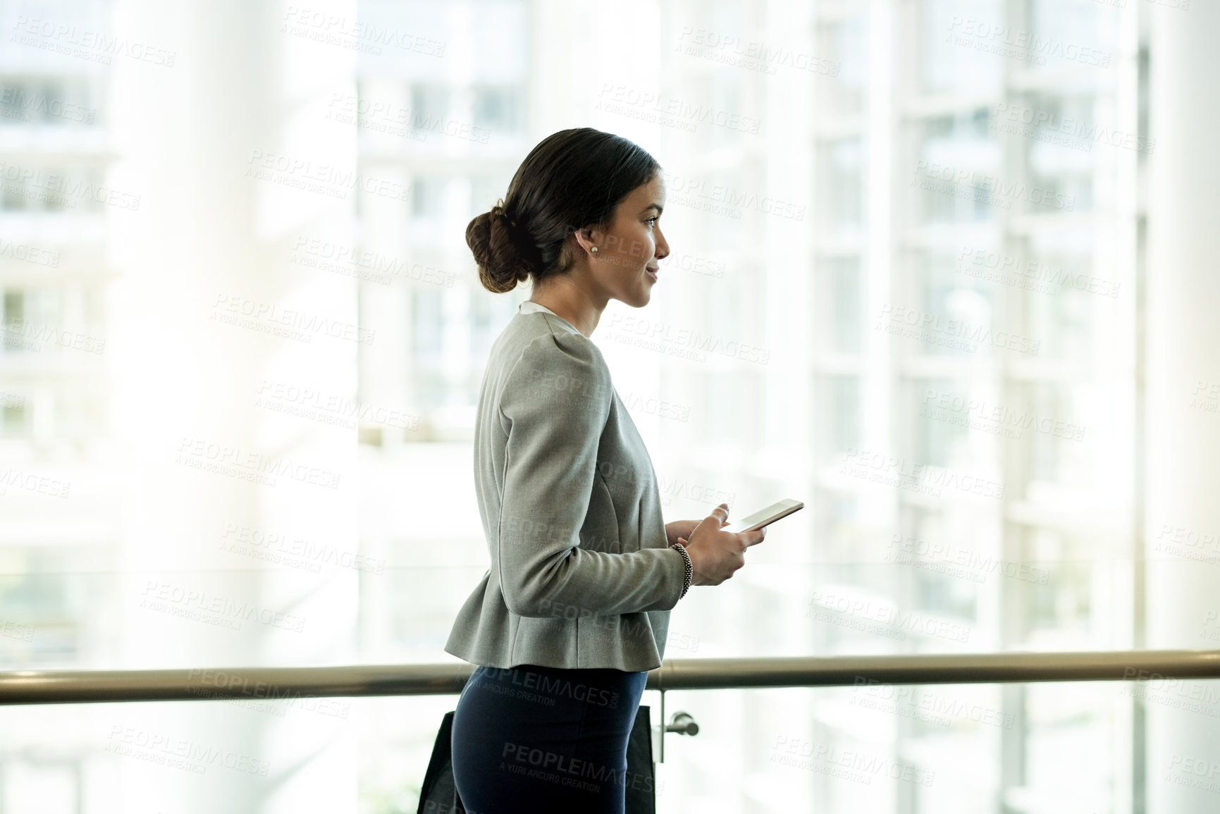 Buy stock photo Business, woman and walking with phone in office for meeting location, direction search or communication. Professional, person or travel with smartphone for online schedule or appointment information