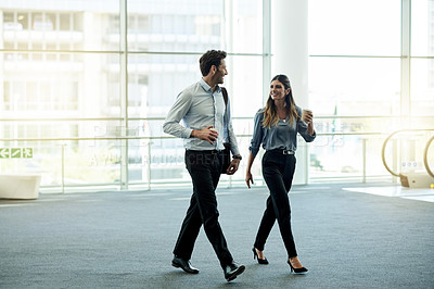 Buy stock photo Business, talking and people with walking in office for work arrival, friendly chat and company gossip. Professional, finance firm and employees with meeting break, networking and career discussion