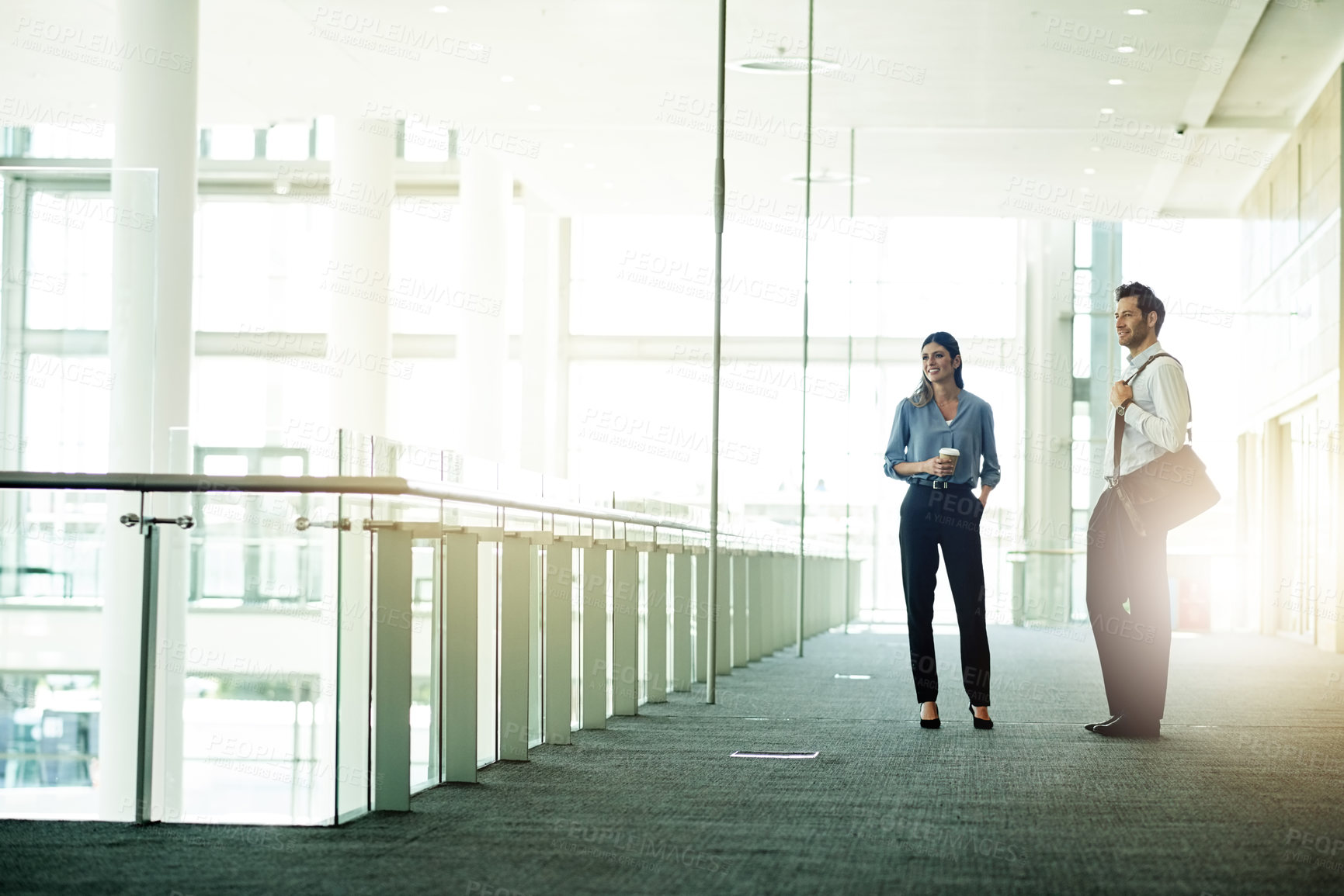 Buy stock photo Business, people and talking in modern office in morning for company gossip, work break or friendly chat. Professional, employees or conversation at finance firm for networking or waiting for meeting