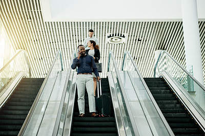 Buy stock photo Man, phone call and suitcase at escalator for travel, business contact or booking accommodation. Below, journalist and luggage in airport for source lead, information update or planning trip for news
