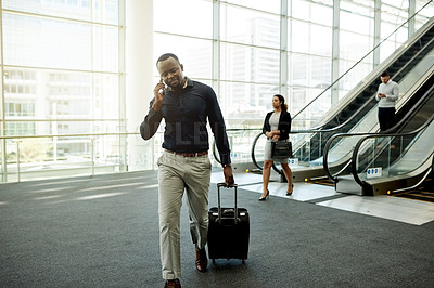 Buy stock photo Man, phone call and suitcase in airport for travel, business contact or trip confirmation. Journalist, luggage or technology in terminal for communication, booking accommodation or news source update