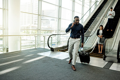 Buy stock photo Business, man and luggage with phone call at airport for convention schedule, travel information or global networking. Professional, black person and walking in lobby with communication and departure