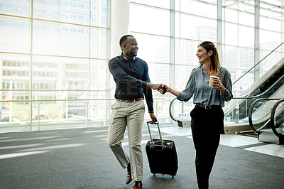 Buy stock photo Conference, lobby and business people with handshake for welcome, meeting and greeting. Professional, corporate and man and woman shaking hands for networking at convention, workshop and seminar