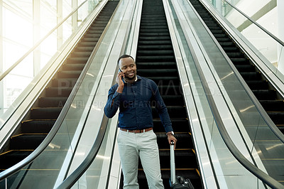 Buy stock photo Phone call, suitcase and business man on escalator for commute, travel and arrival in office. Professional, conference and person on electric stairs with smartphone for contact, talk and networking