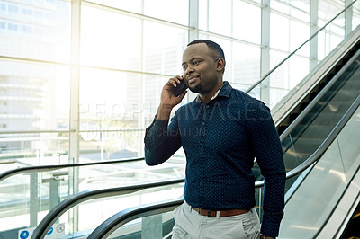 Buy stock photo Phone call, airport and business man on escalator for commute, travel and arrival in lobby. International trip, conference and person on stairs with smartphone for contact, flight schedule and chat