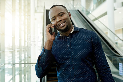 Buy stock photo Phone call, lobby and African businessman on escalator for commute, travel and arrival for conference. Professional, global worker and person in airport with smartphone for contact and networking
