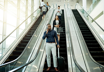 Buy stock photo Man, phone call and suitcase on escalator for travel, business contact and planning trip. Journalist, luggage and technology in airport for communication, booking accommodation and news source update