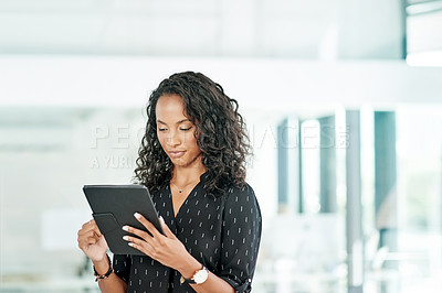 Buy stock photo Tablet, creative and business woman research in startup office, reading email or social media marketing. Digital technology, app and worker on internet for project, brand promotion or ai sponsorship