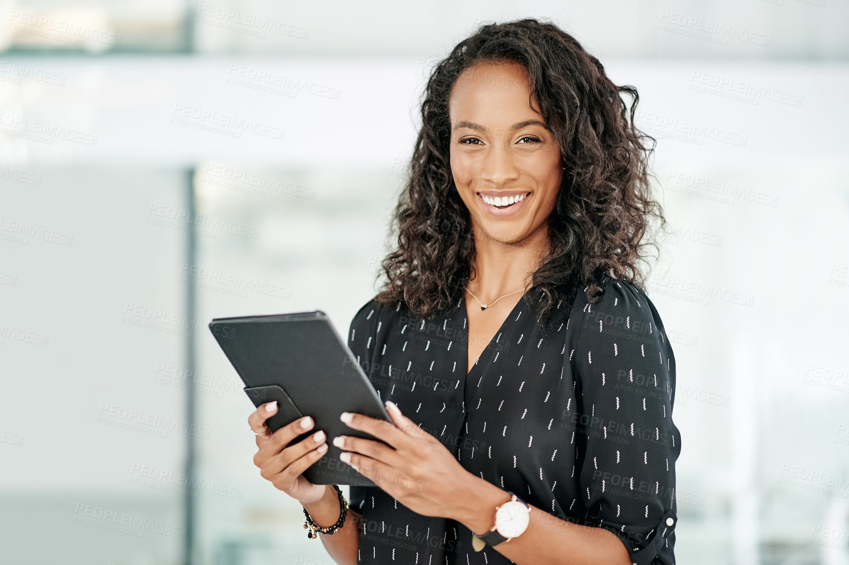 Buy stock photo Portrait, business and woman with tablet, smile and website info with event planner, online schedule or internet. Face, employee or consultant in office, tech or pride with social media or connection