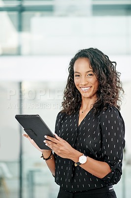 Buy stock photo Portrait, business and woman with tablet, finance and smile with accountant, economy analyst and internet. Face, employee and tax advisor in office, tech and pride with digital app and website info