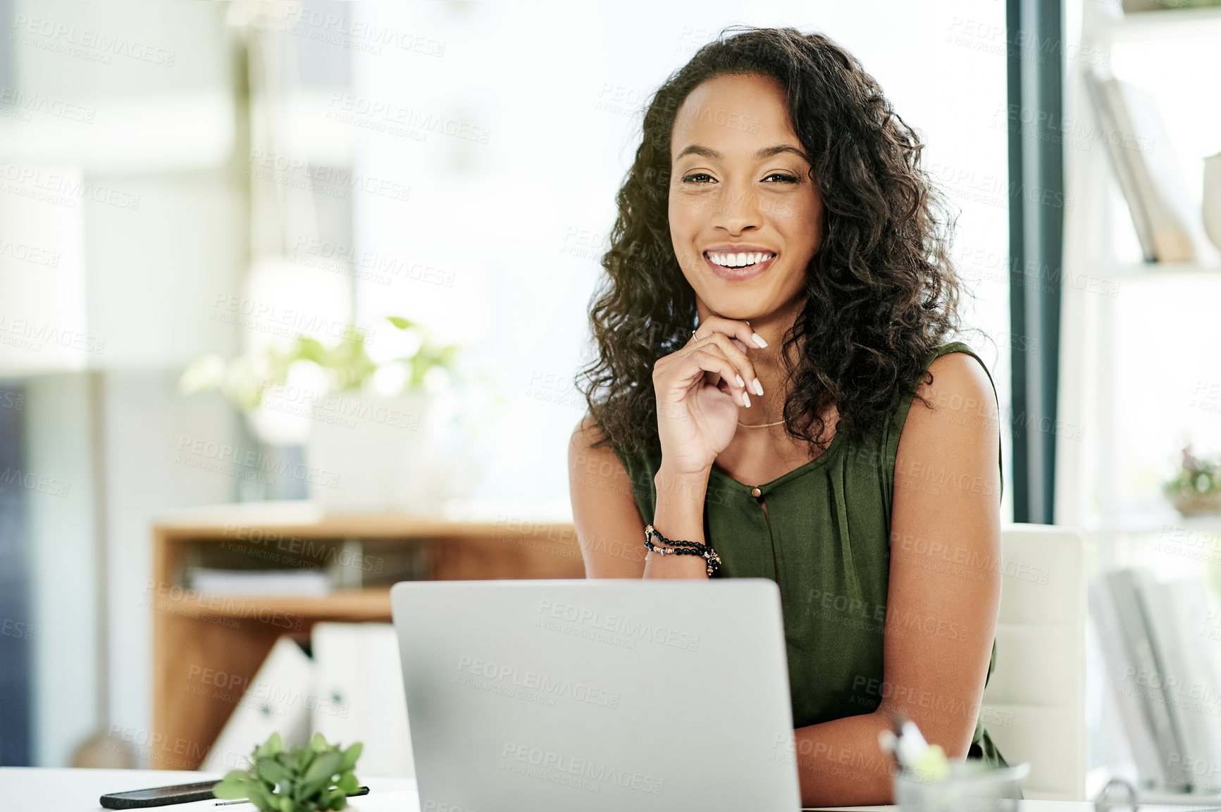Buy stock photo Portrait, business and woman at desk, laptop and smile with accountant, internet and financial advisor. Face, employee and tax consultant in office, computer and website info with career ambition