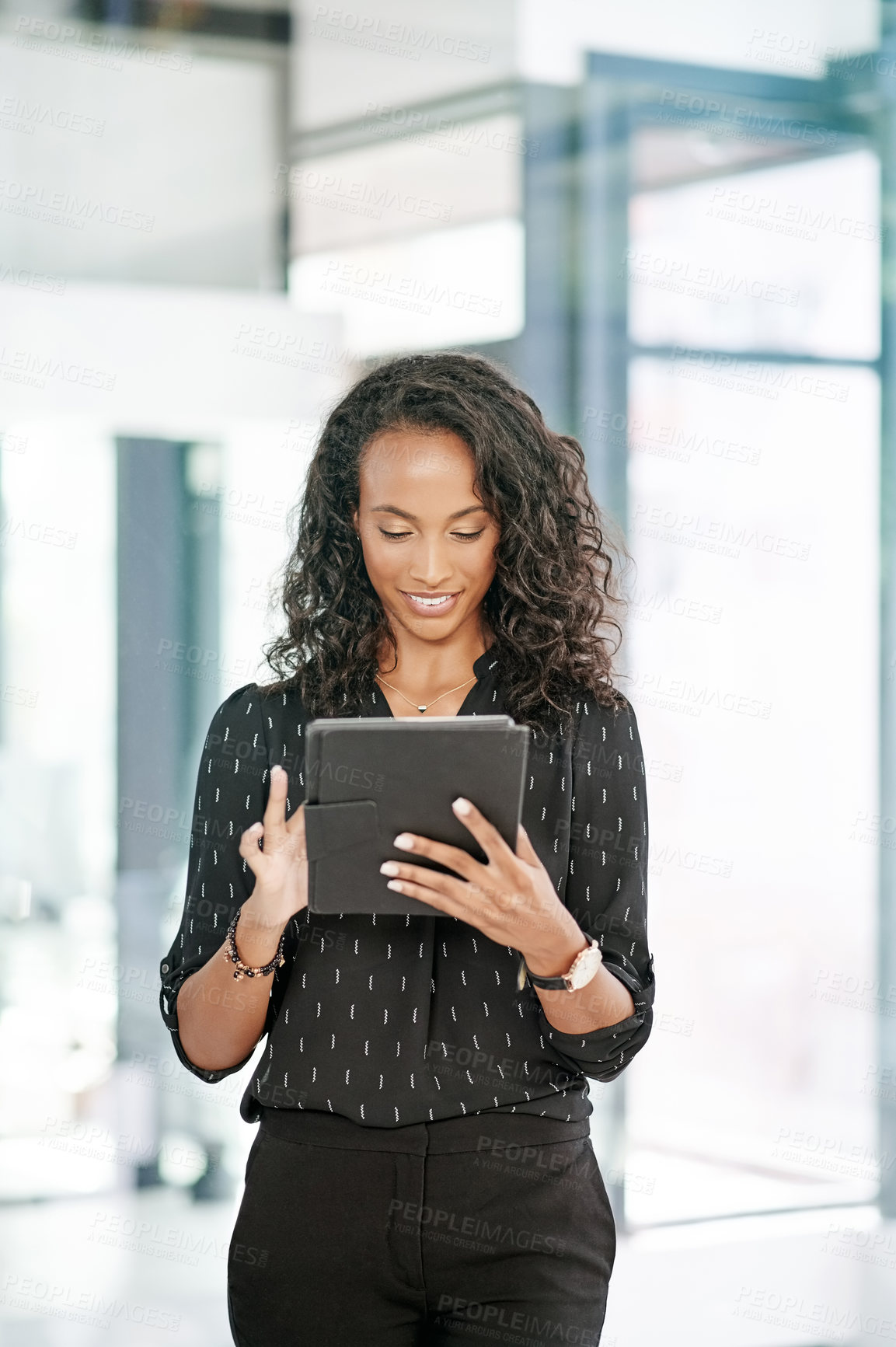 Buy stock photo Tablet, creative and happy business woman research in startup office, reading email or social media marketing. Digital technology, app or worker on internet for project, brand promo or ai sponsorship