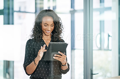 Buy stock photo Tablet, startup and business woman research in office, reading email or social media marketing. Digital technology, smile and creative worker on internet app for project, brand promo and sponsorship