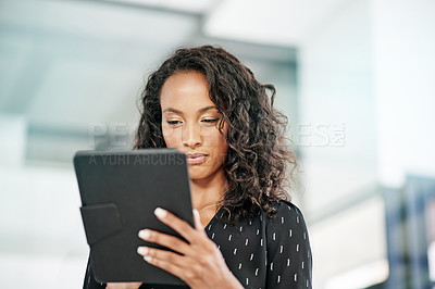 Buy stock photo Tablet, business woman and reading in office, blog and content writing in startup. Digital technology, app and worker on internet for project, email and story for creative article on social media