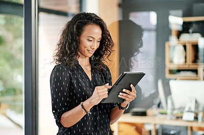 Buy stock photo Creative, business woman and tablet for research, event planning and coordination in startup. Digital technology, online and happy worker on internet for project, office function and party budget