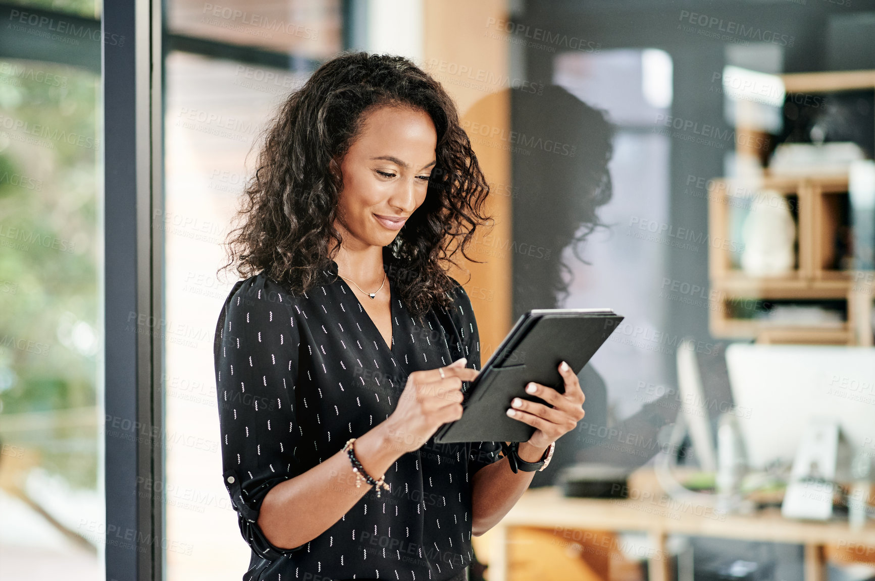 Buy stock photo Creative, business woman and tablet for research, event planning and coordination in startup. Digital technology, online and happy worker on internet for project, office function and party budget