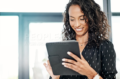 Buy stock photo Happy woman, tablet and reading in office for business, creative research and positive feedback in forum. Journalist, tech and typing in agency for email, news resources and information for report