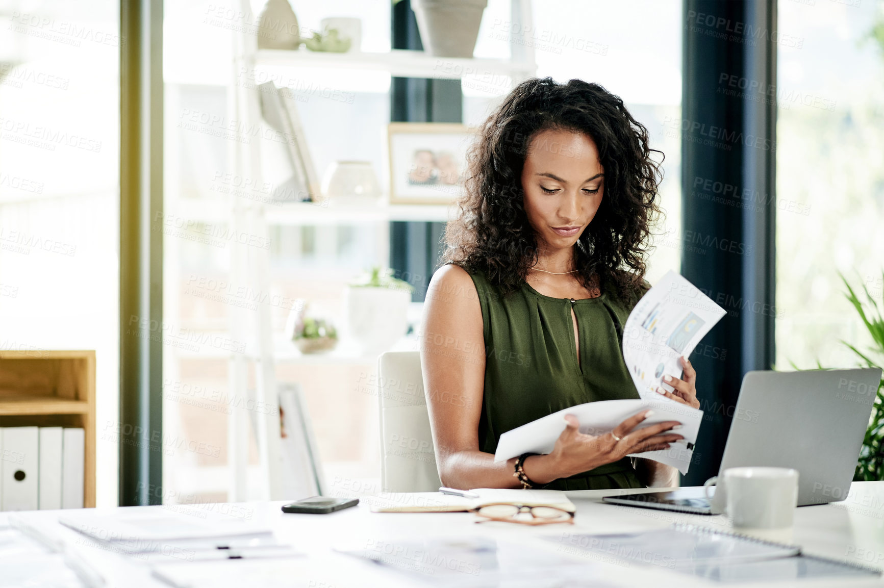 Buy stock photo Business, laptop and woman at desk, documents and financial advisor in modern office. Person, tax consultant and employee in workplace, paperwork and pc with graphs for income and review payments