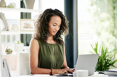 Buy stock photo Business, typing and woman at desk, laptop and online reading for email notification. Person, writer and magazine editor in office, computer and feedback with internet and research for article