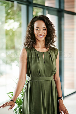 Buy stock photo Portrait, business and woman in office, smile and confidence with real estate agent. Face, person and employee with property management, risk analyst and pride with career ambition and professional