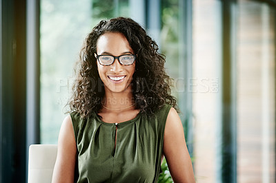 Buy stock photo Interior designer, workplace or portrait of businesswoman with smile, project or startup in agency. Design development, confident or happy professional person in modern decor company for opportunity