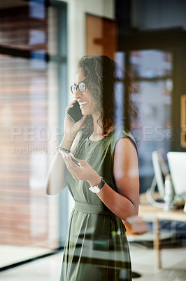 Buy stock photo Happy, business woman or discussion with phone call for finance advice, chat or talk at office. Female person, accountant or financial advisor with smile on mobile smartphone for profit, help or tips