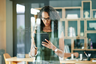 Buy stock photo Tablet, creative and business woman in startup, reading email or research for social media marketing. Digital technology, app and serious worker on internet for project, brand promo or ai sponsorship