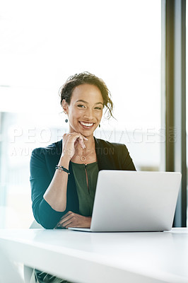 Buy stock photo Portrait, business and woman with laptop, lawyer or smile with research for court case. Face, employee or attorney in office, computer or internet with website info for compliance policy or legal aid